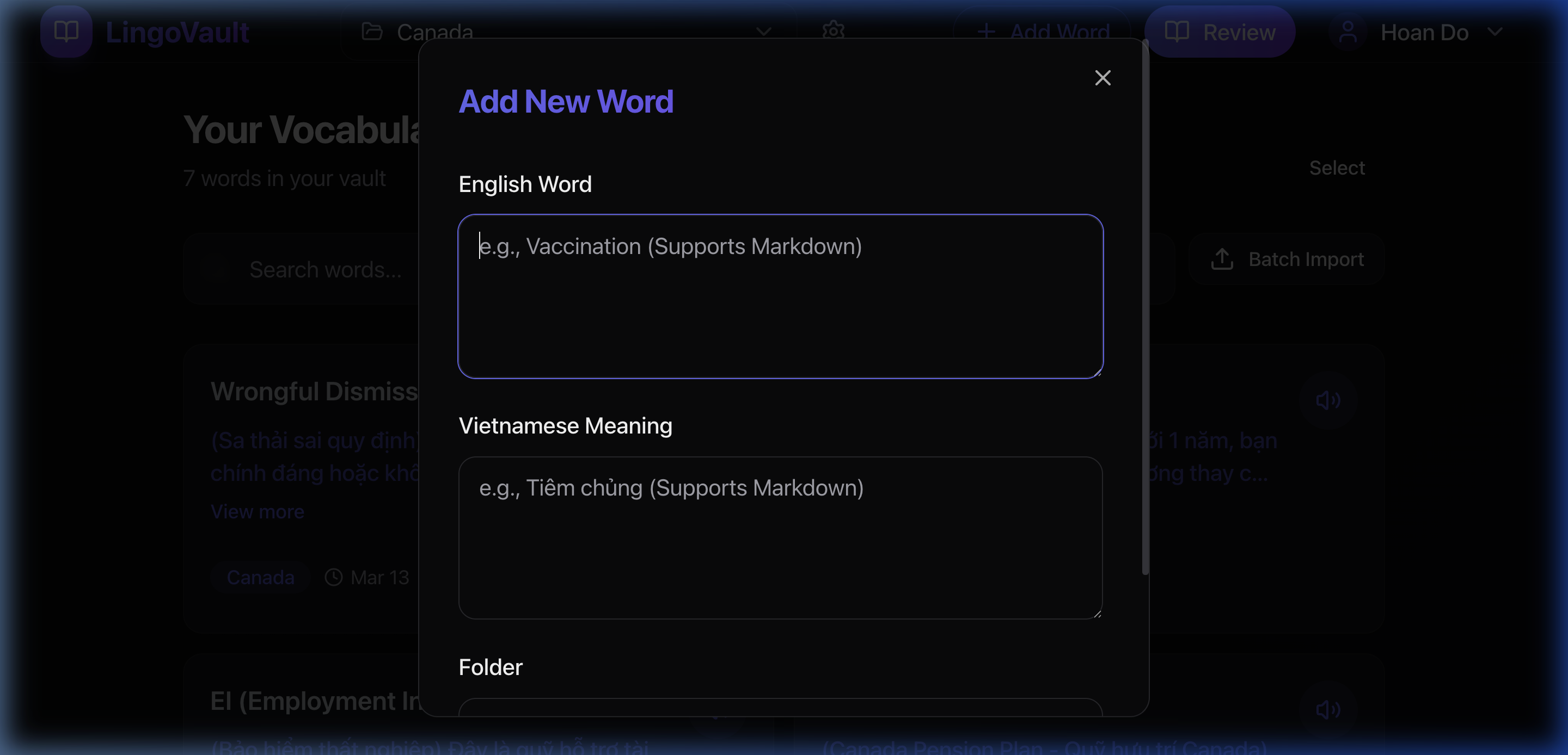 Add New Word dialog with Markdown support