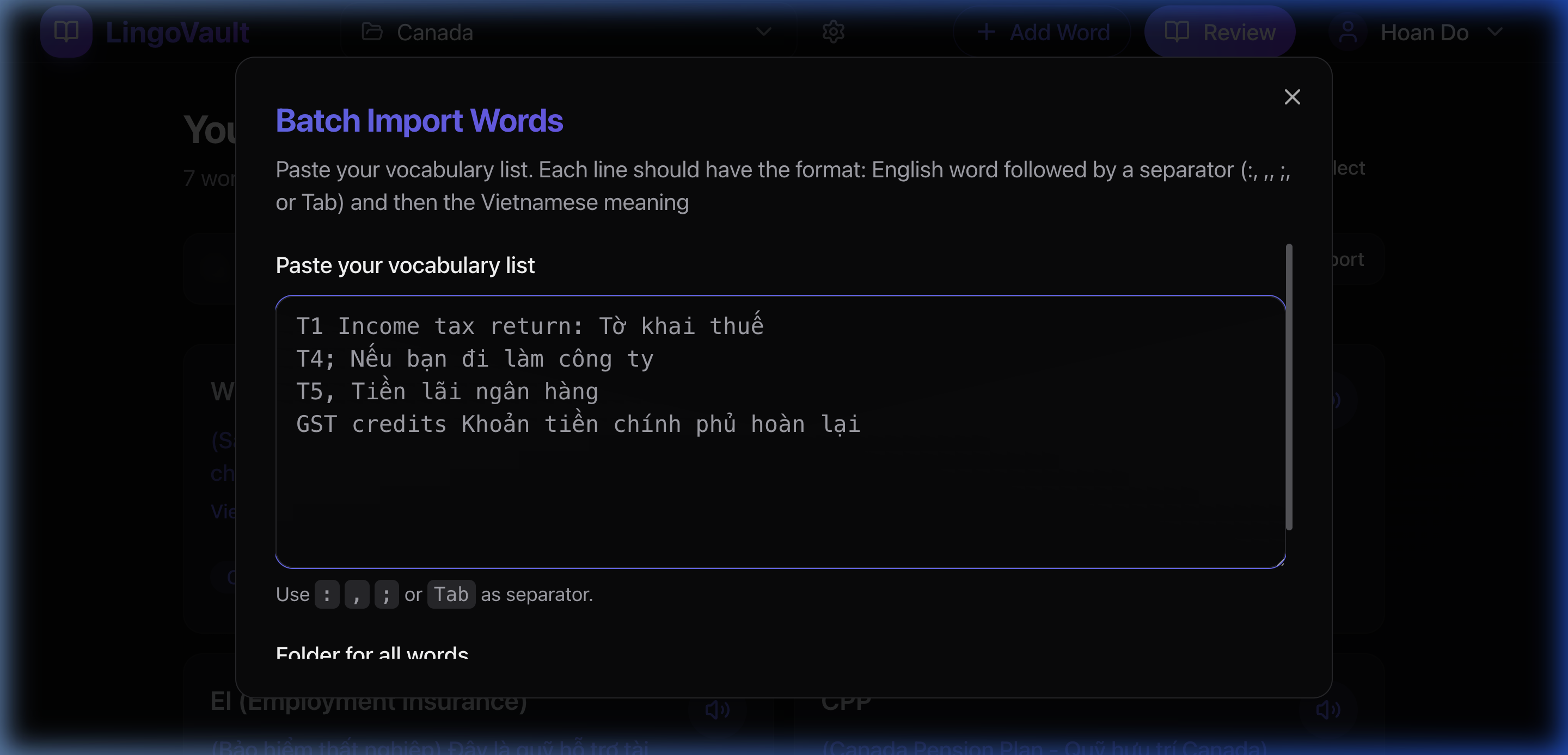 Batch Import dialog for importing multiple words at once