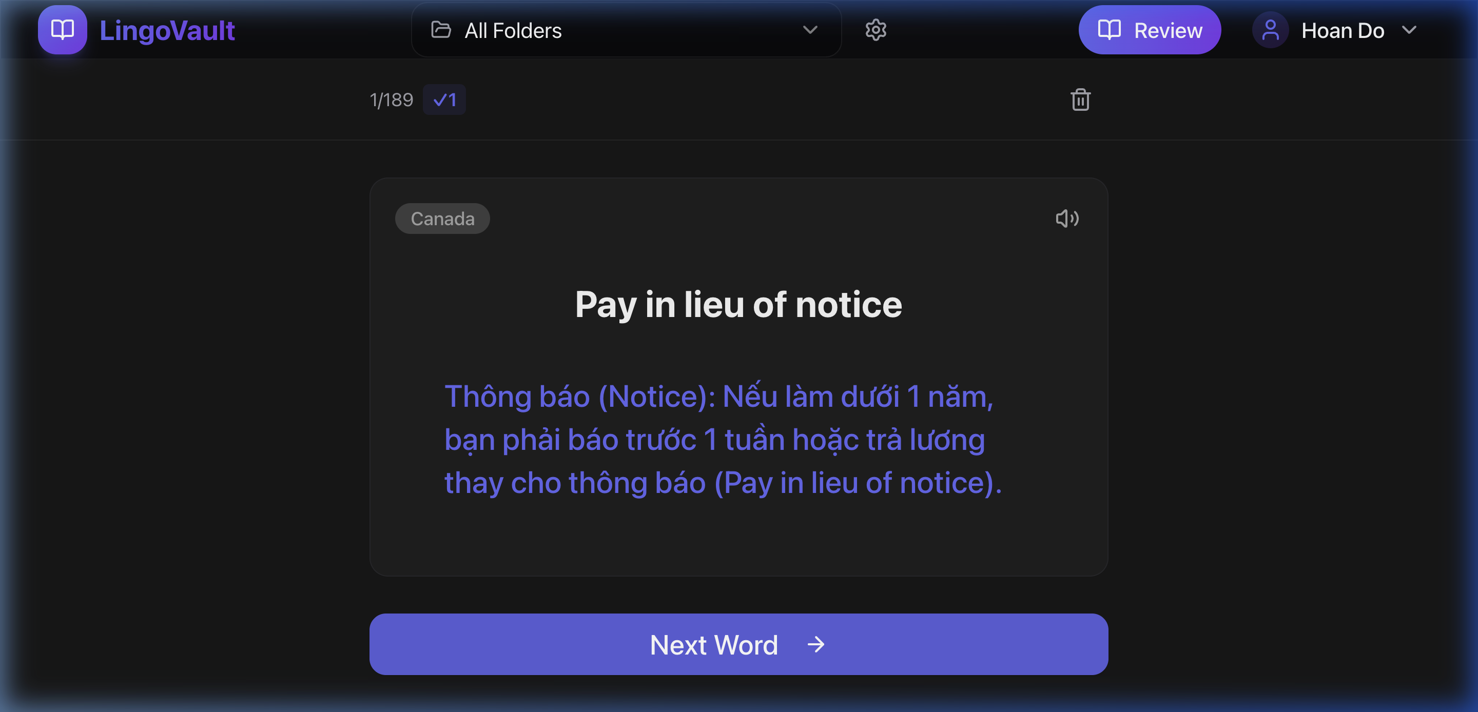 Review mode with revealed Vietnamese meaning
